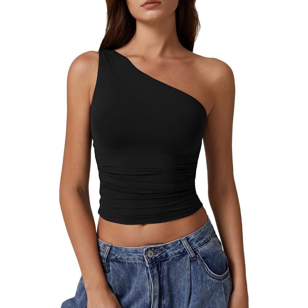 Women's One Shoulder Tank Top Double Lined Slim Fit Cropped Y2K Summer Fashion